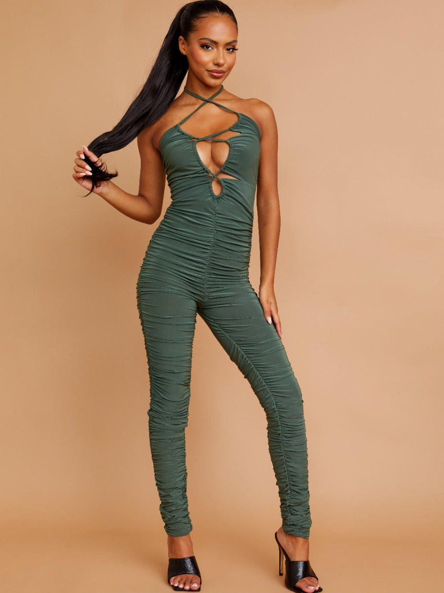 Halter Cut Out Front Slinky Ruched Jumpsuit