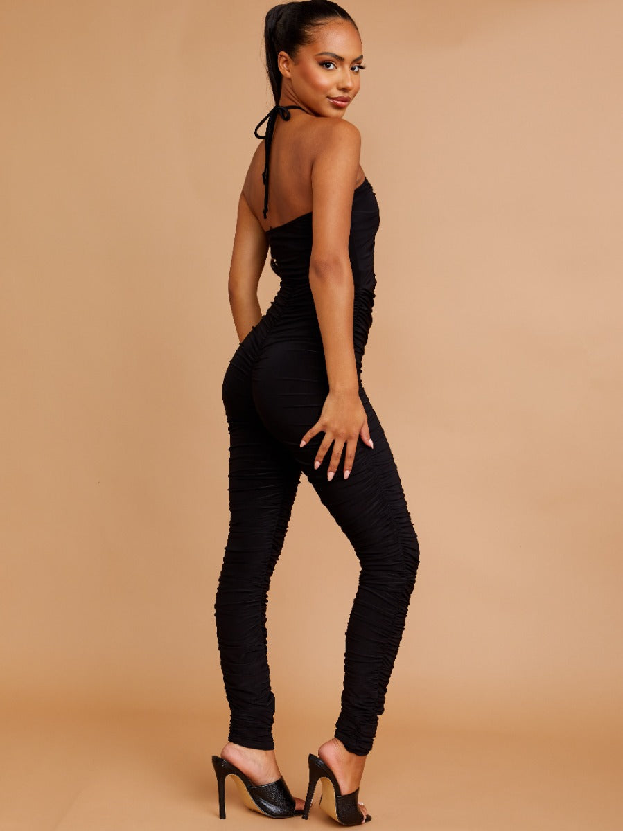 Halter Cut Out Front Slinky Ruched Jumpsuit
