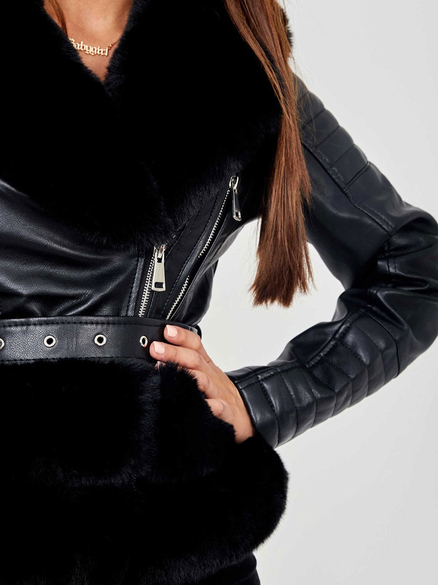 Faux Fur Belted PU Jacket