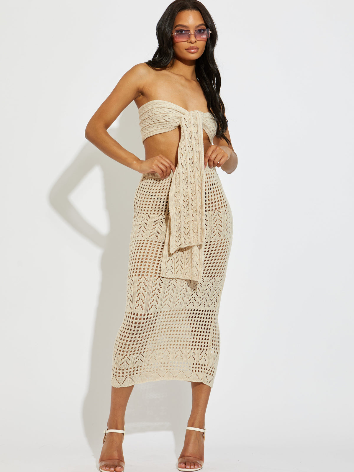 Knitted Tie Knot Bandeau Bralet & Maxi Skirt Co-ord
