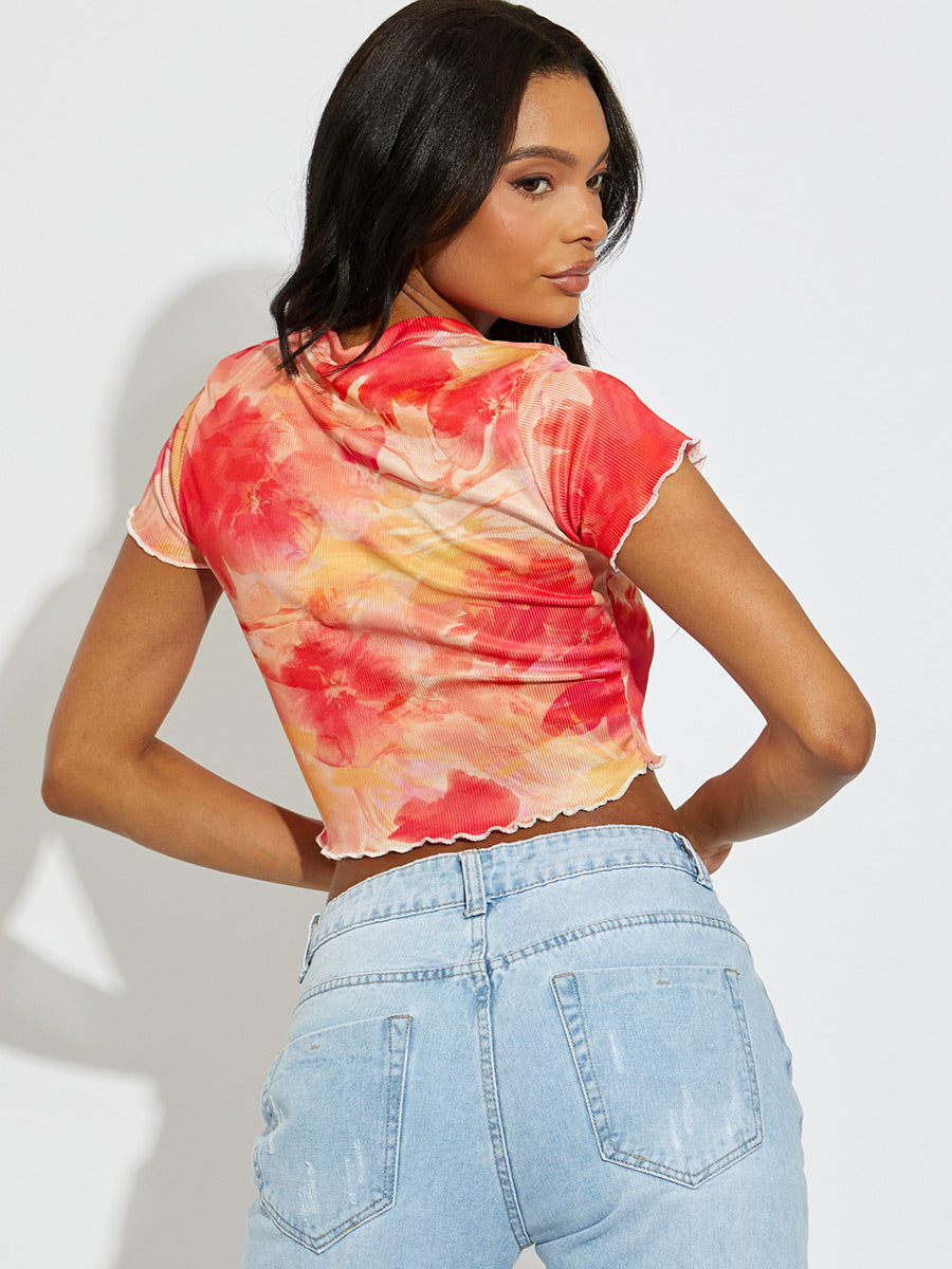 Watercolour Floral Print Ribbed Crop Top