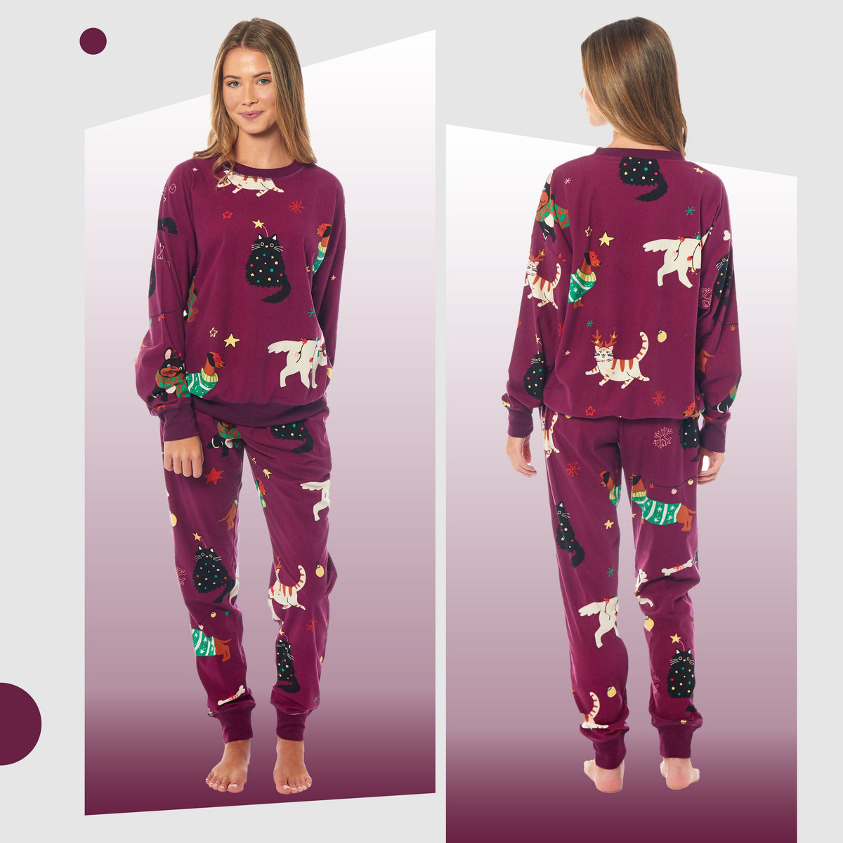 Daisy Dreamer Women's Cat And Dog Print Fleece Pyjama Set Long Sleeve Sleepwear Cosy Nightwear Set