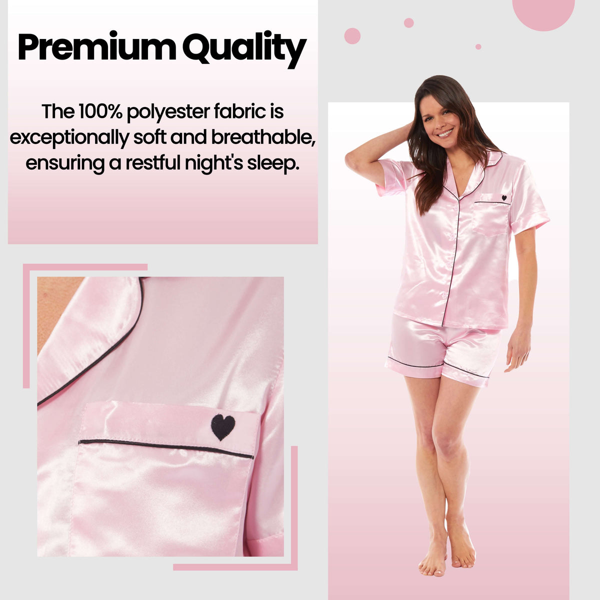 Daisy Dreamer Women's Satin Short Pyjama Set Black Pink Grey UK Sizes 8-22 Easy-Care Sleep Set