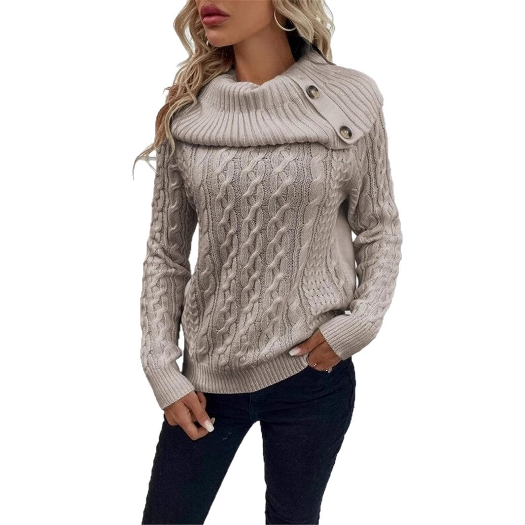 Twisted Knitted Turtleneck Buttons Raglan Sleeve Sweater