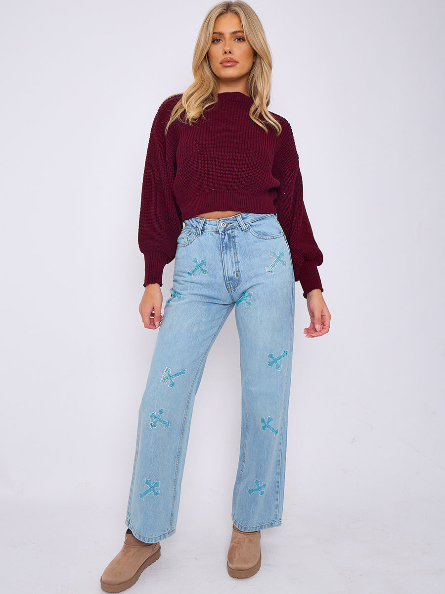 Diamante Crucifix Detail Straight Leg Denim Jeans