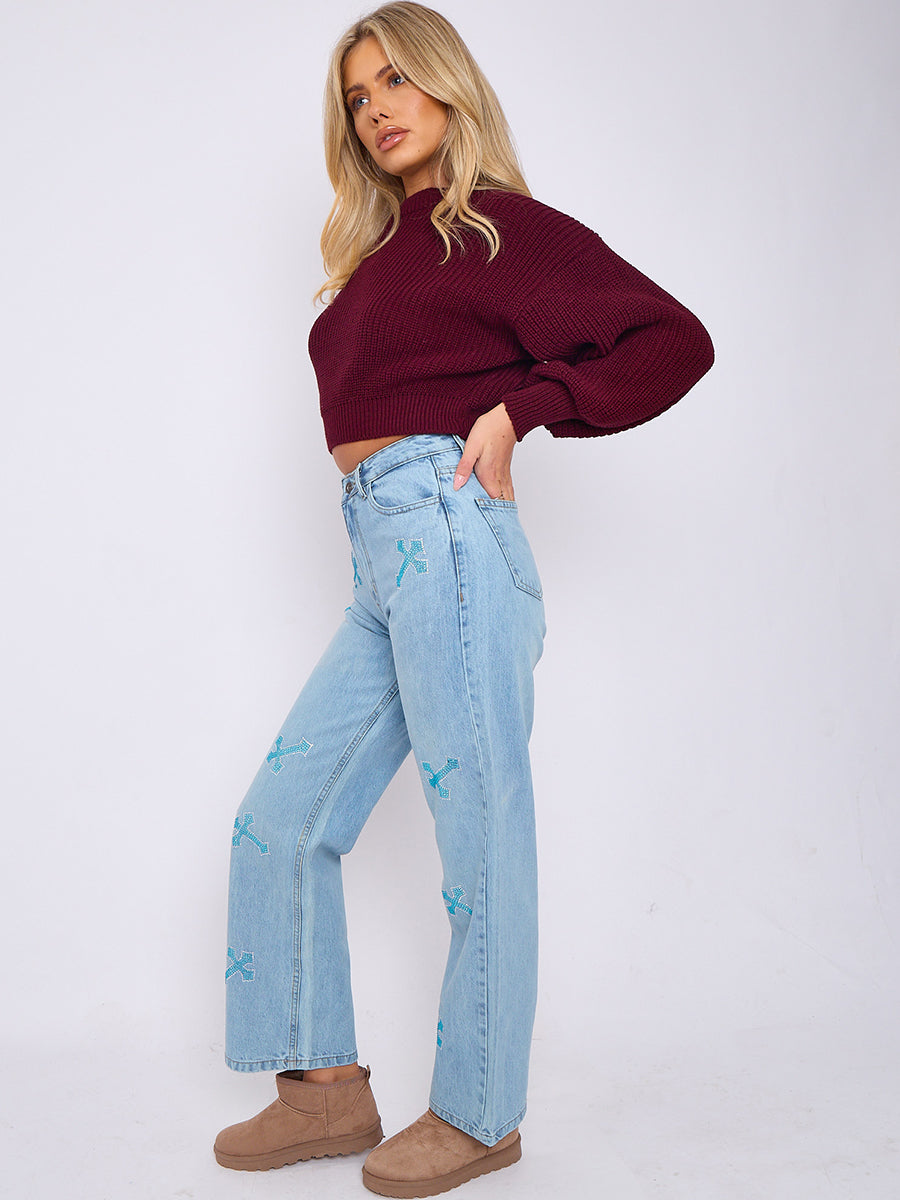Diamante Crucifix Detail Straight Leg Denim Jeans