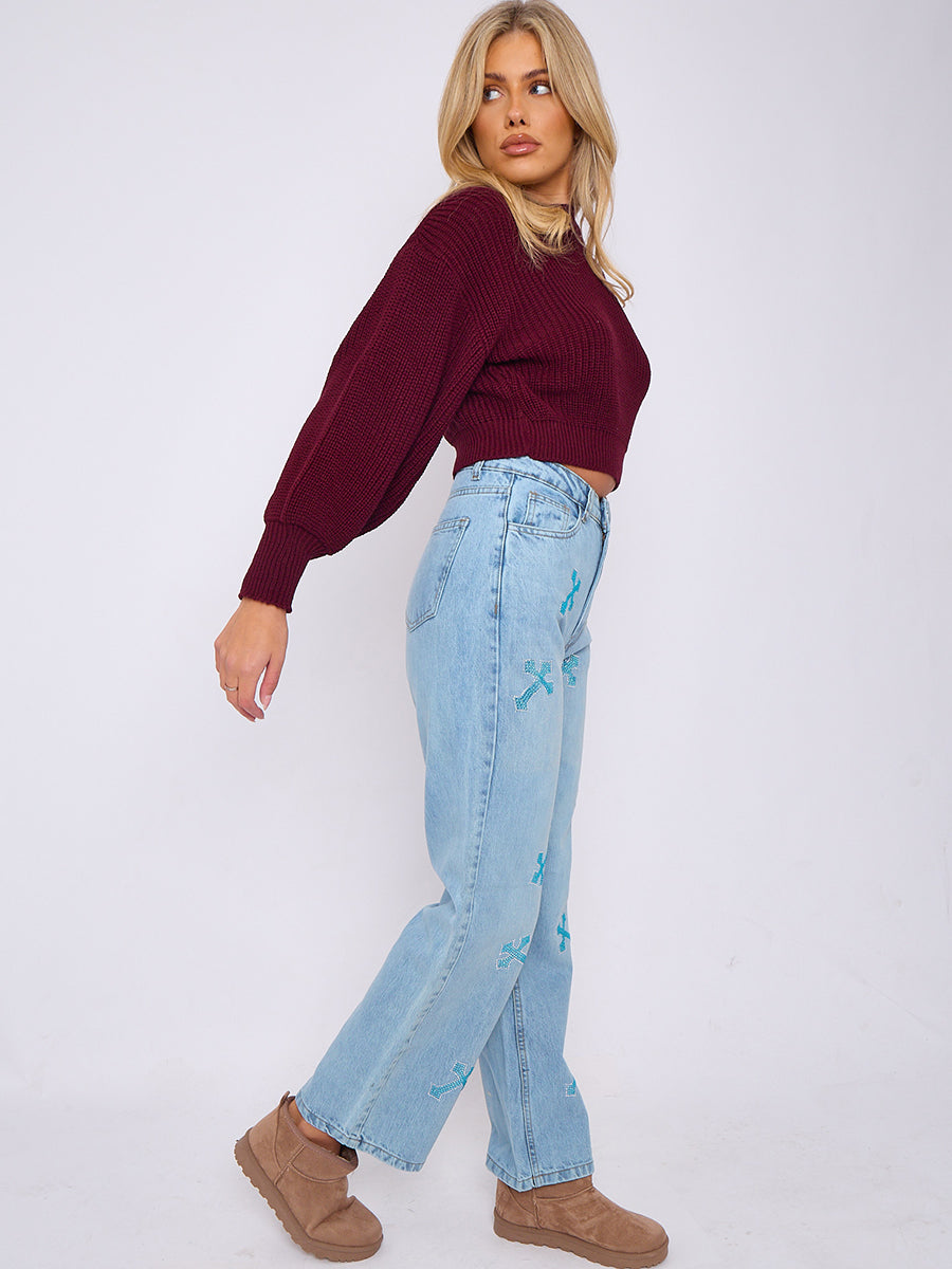 Diamante Crucifix Detail Straight Leg Denim Jeans