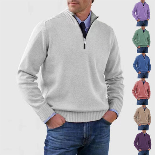 Men's Stand Collar Zip Sweater - Solid Colour Long Sleeve Knitted Top