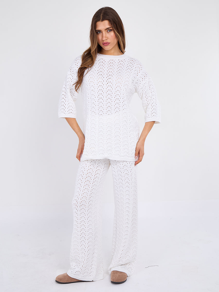 Boxy Knitted Short Sleeve Top and Wide Leg Trouser Co-ord