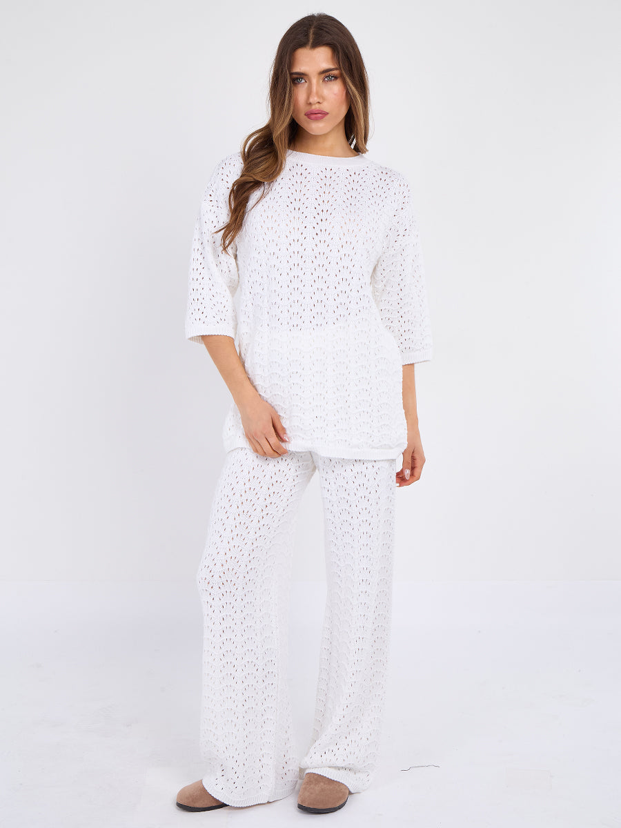 Boxy Knitted Short Sleeve Top and Wide Leg Trouser Co-ord