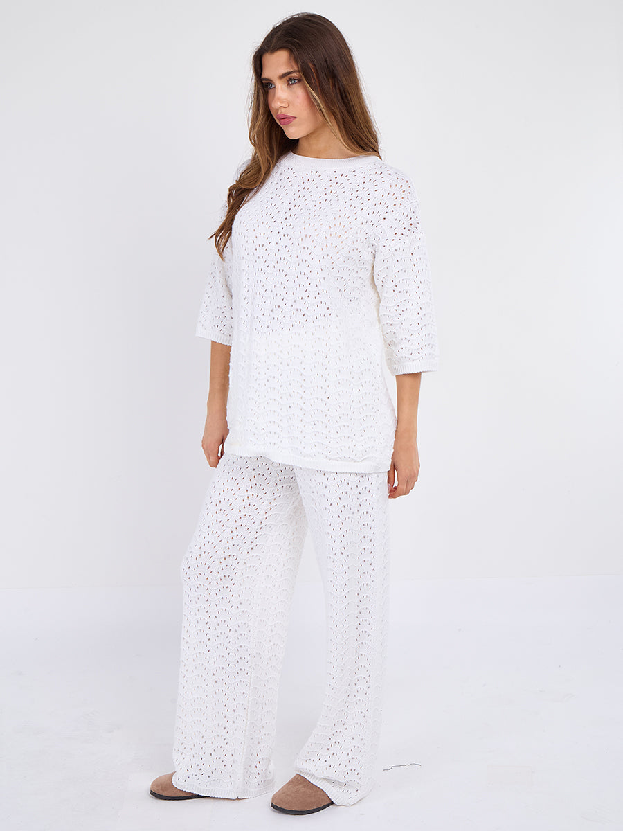 Boxy Knitted Short Sleeve Top and Wide Leg Trouser Co-ord