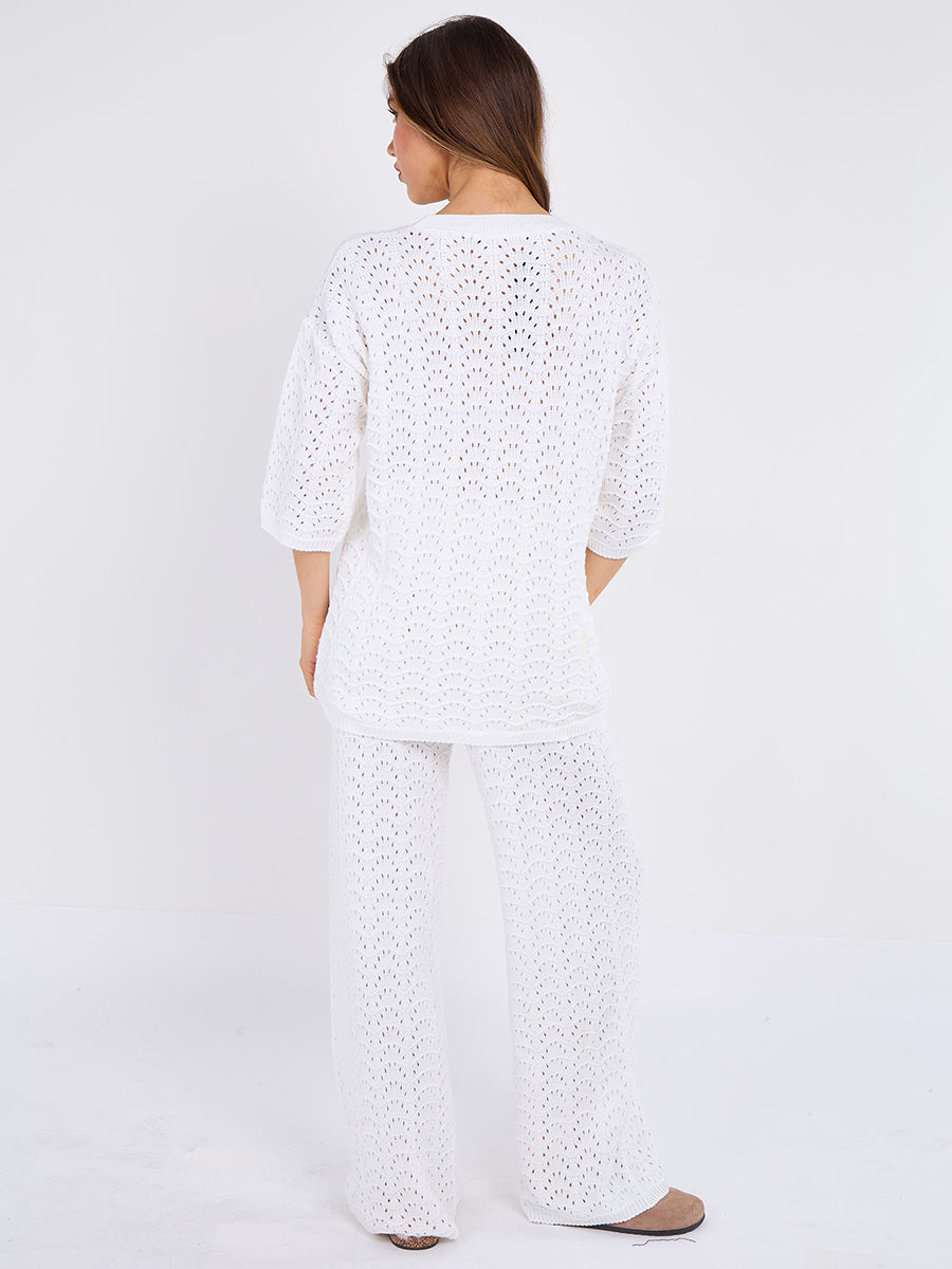 Boxy Knitted Short Sleeve Top and Wide Leg Trouser Co-ord