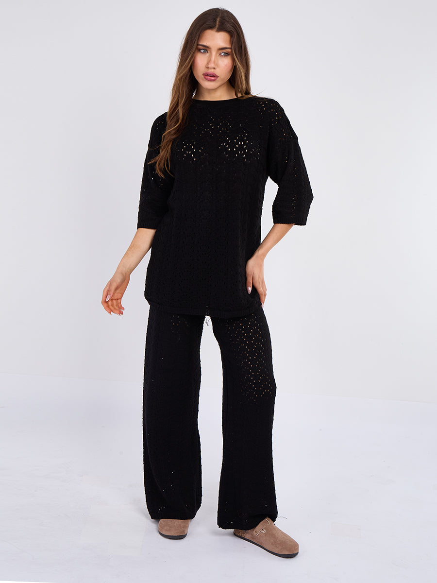 Boxy Knitted Short Sleeve Top and Wide Leg Trouser Co-ord