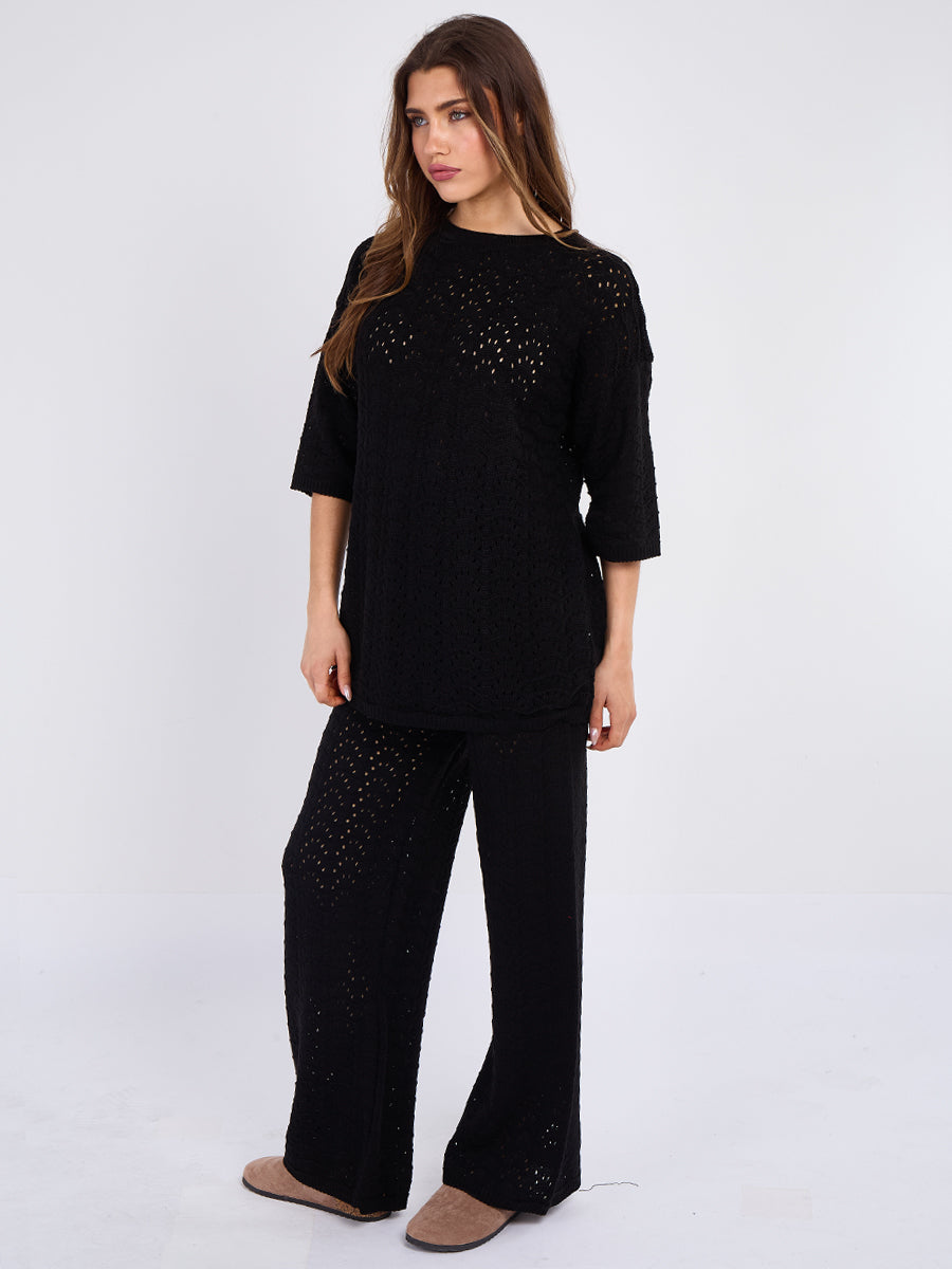 Boxy Knitted Short Sleeve Top and Wide Leg Trouser Co-ord
