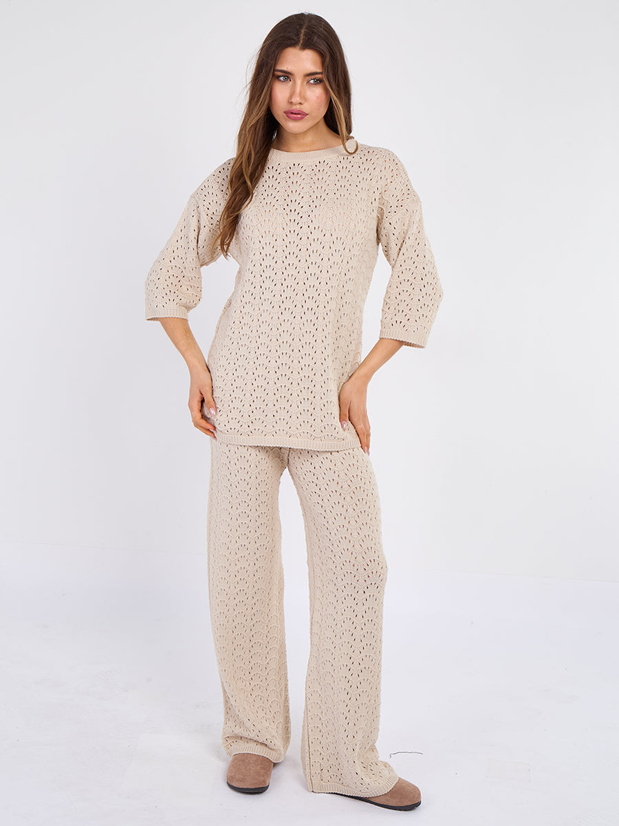 Boxy Knitted Short Sleeve Top and Wide Leg Trouser Co-ord