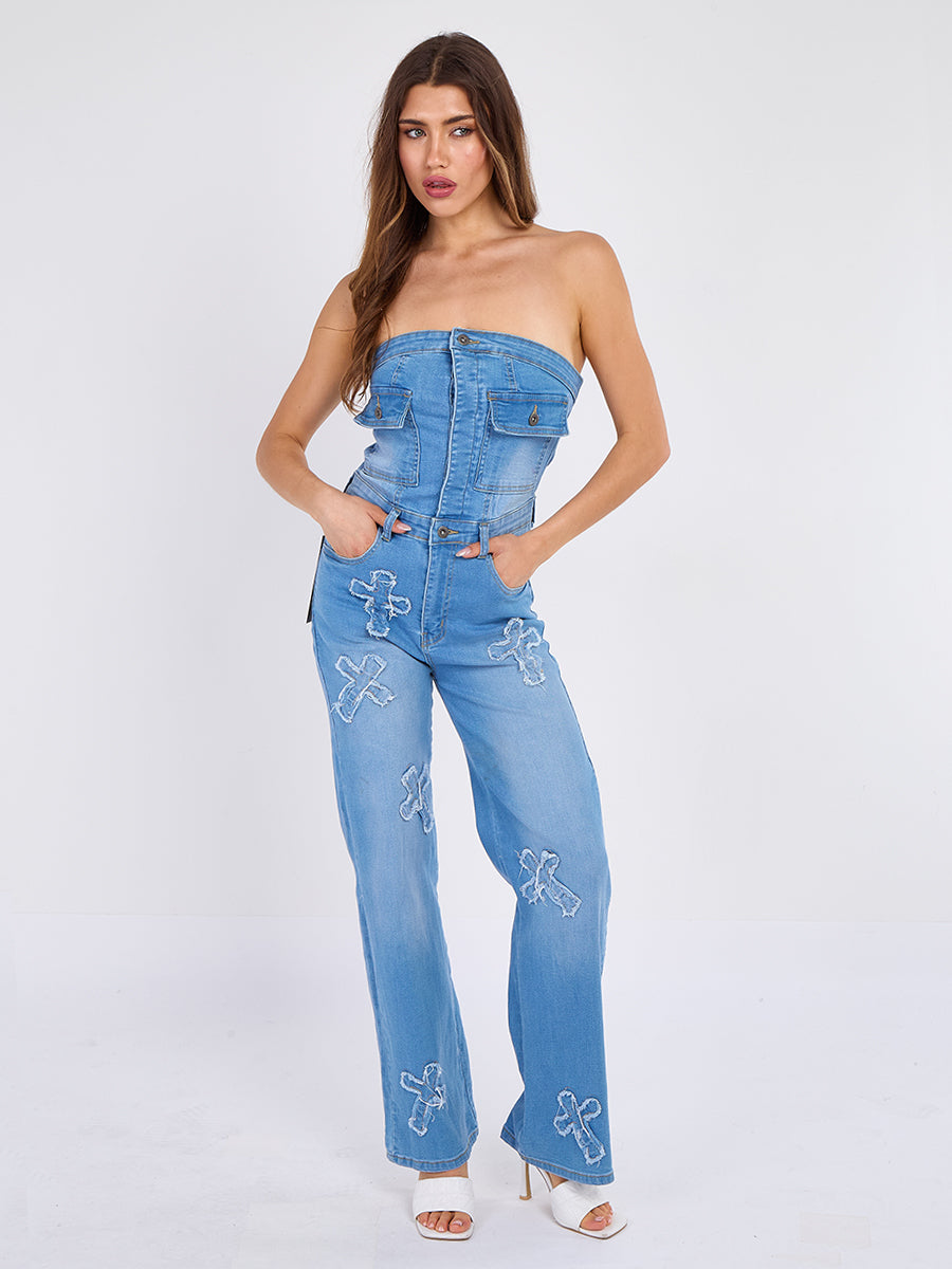 Cross Patch Bandeau Denim Jumpsuit