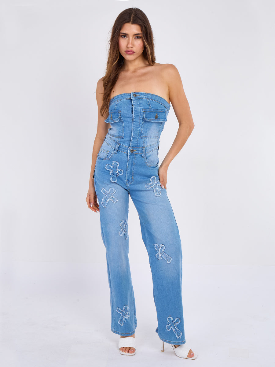 Cross Patch Bandeau Denim Jumpsuit