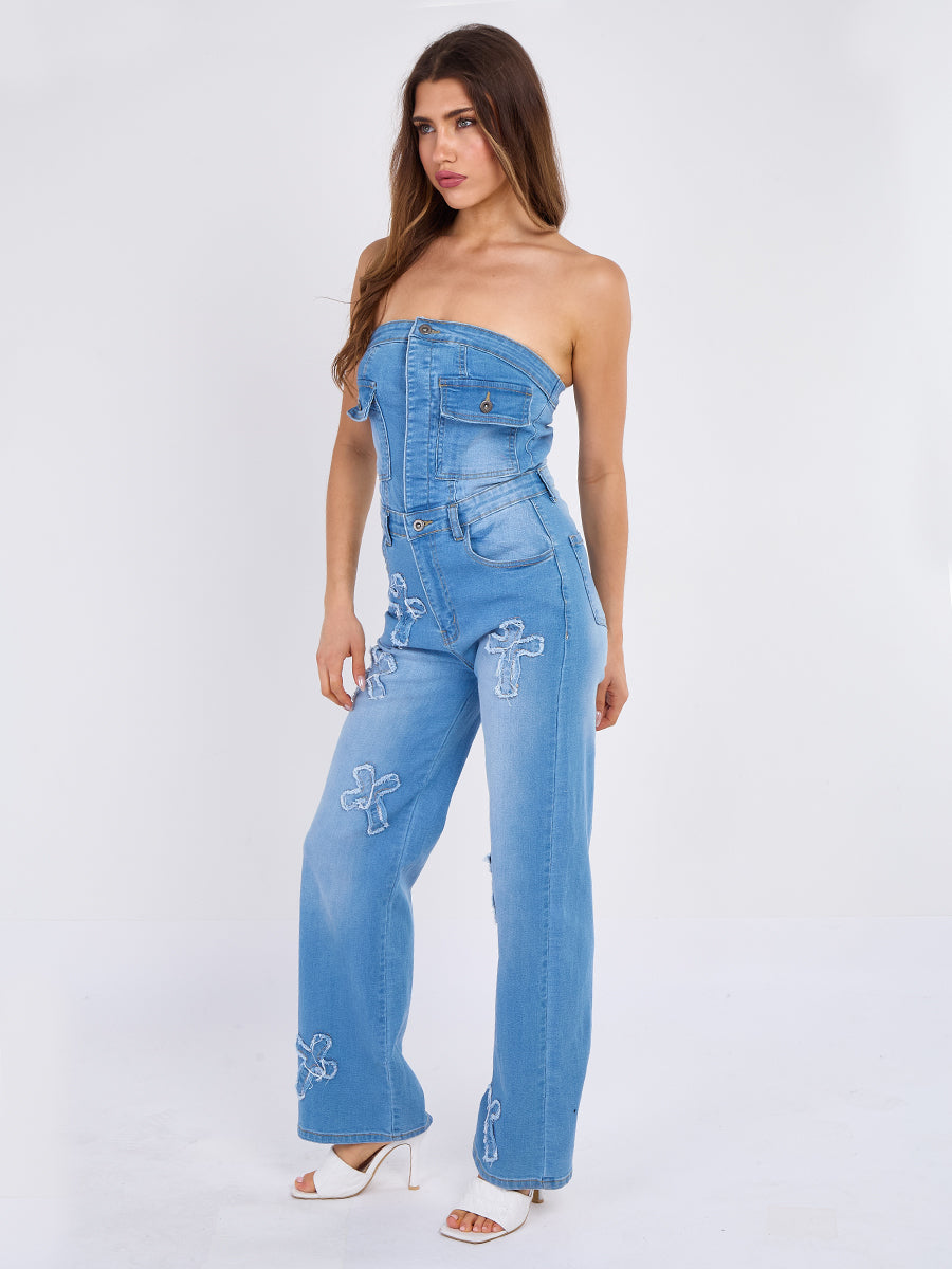 Cross Patch Bandeau Denim Jumpsuit