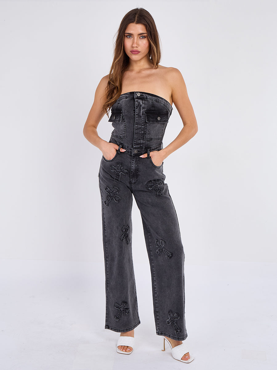 Cross Patch Bandeau Denim Jumpsuit