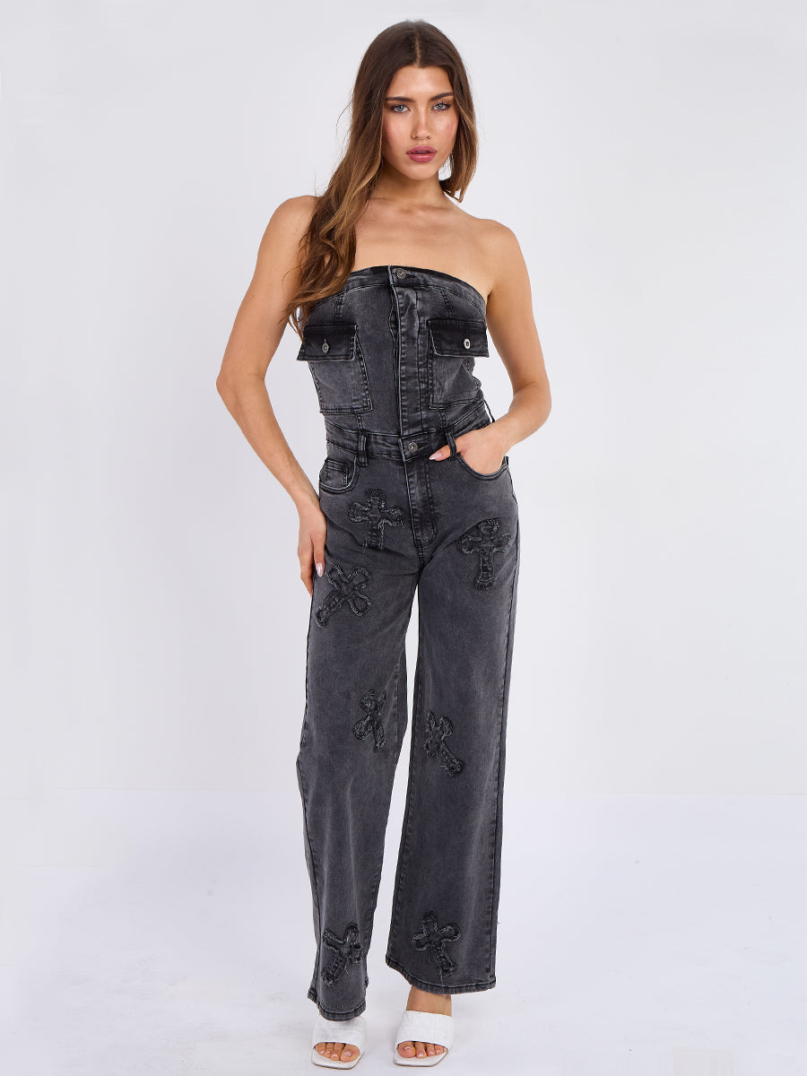 Cross Patch Bandeau Denim Jumpsuit