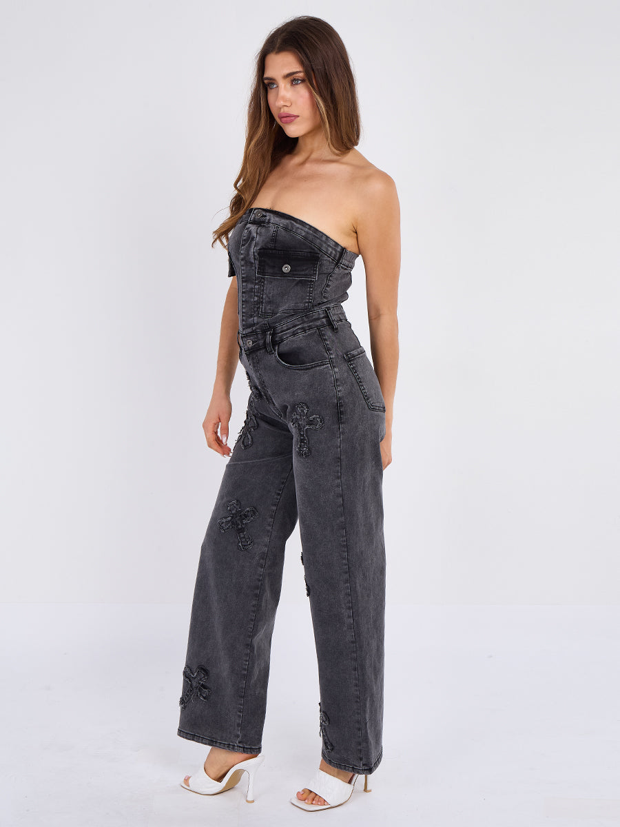 Cross Patch Bandeau Denim Jumpsuit