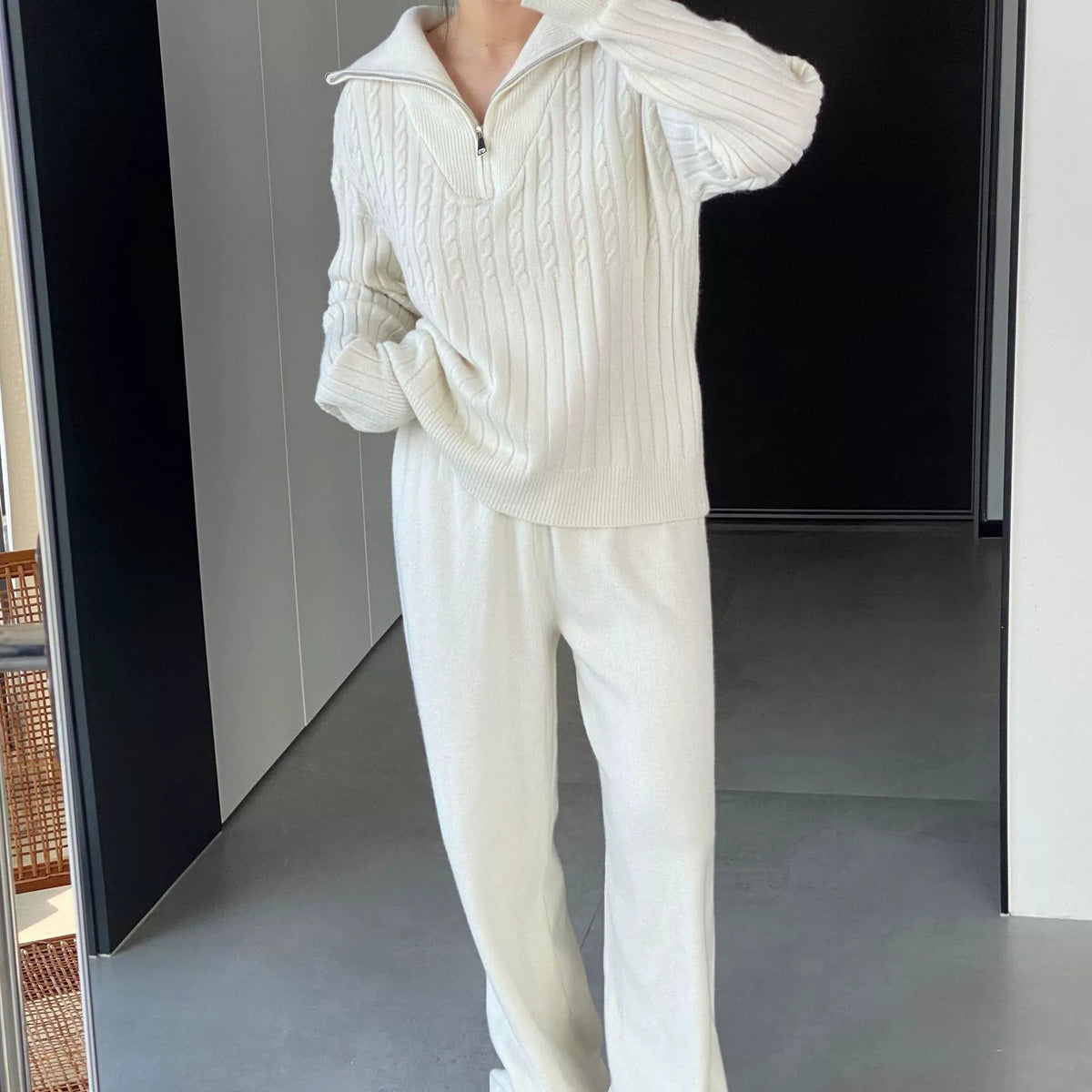 Turtleneck Zipper Lapel Pullover Long Sleeve Sweater Wide Leg Pants Two-piece Set
