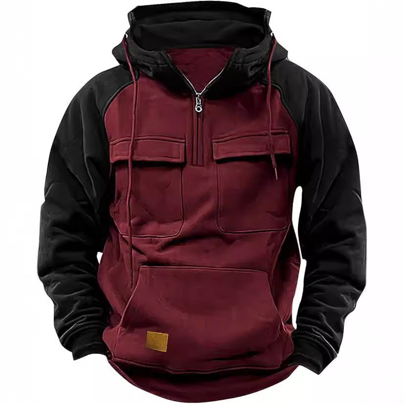 Men's Retro Cargo Half-Zip Fleece Hoodie – Warm Multi-Pocket Outdoor Hooded Jacket