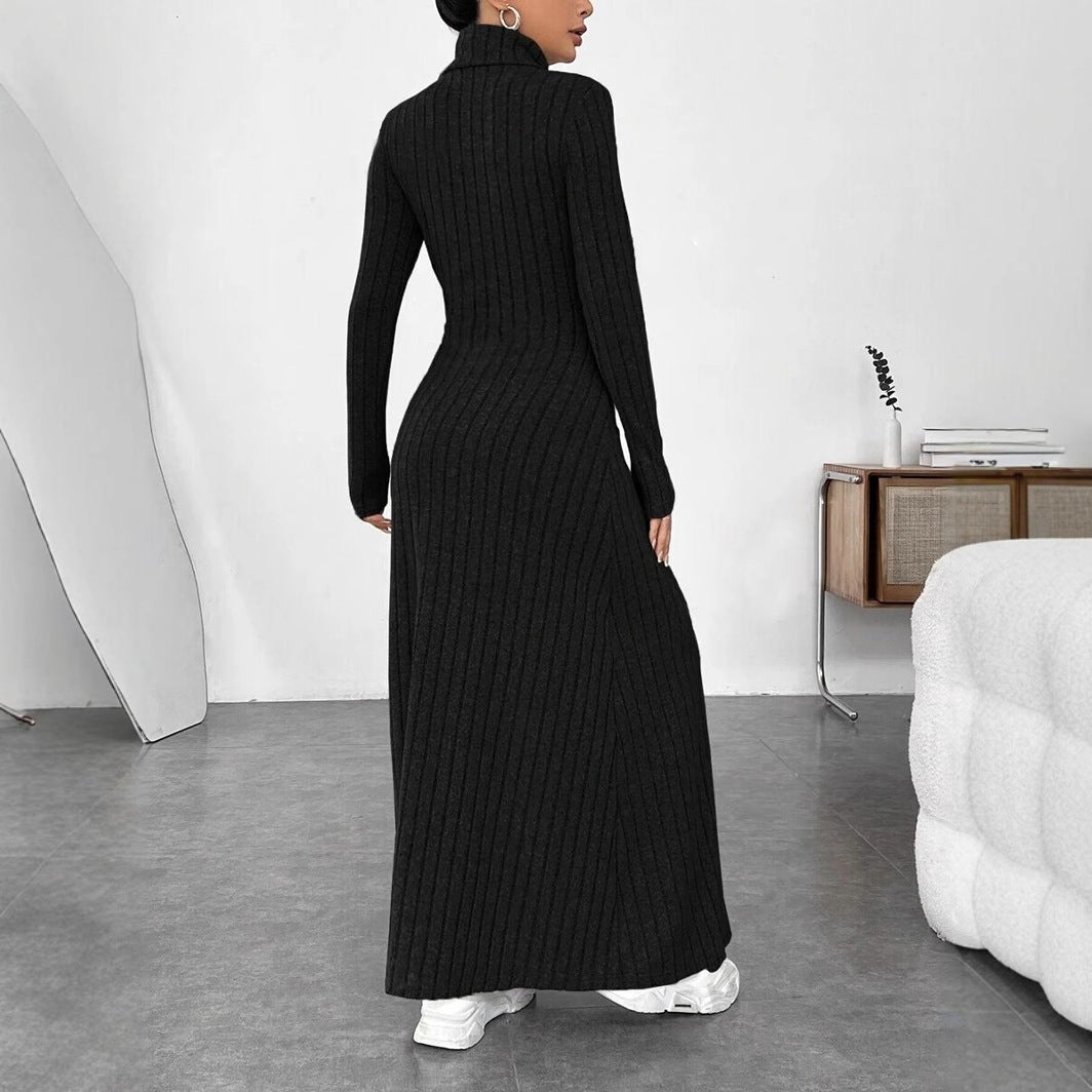 Women's Slim Fit Turtleneck Rib Fabric Brushed Long Sleeve Dress