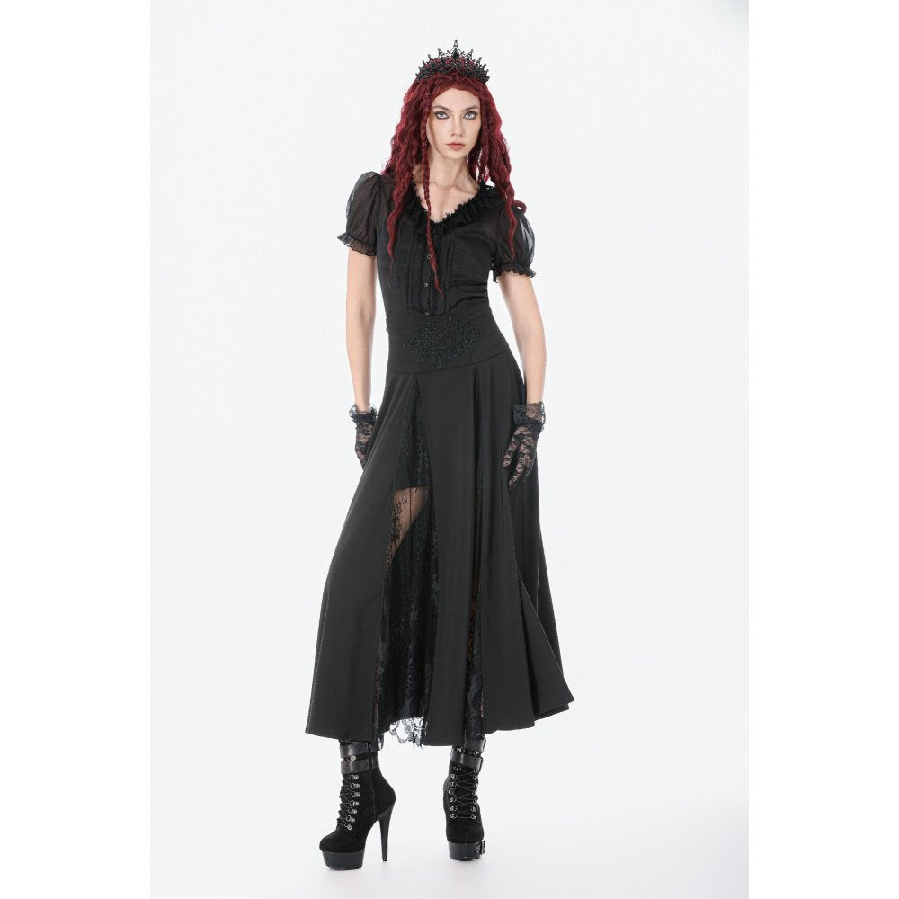 Dark in Love Dalaria High Waist Gothic Long Skirt - Lace Inset Panel