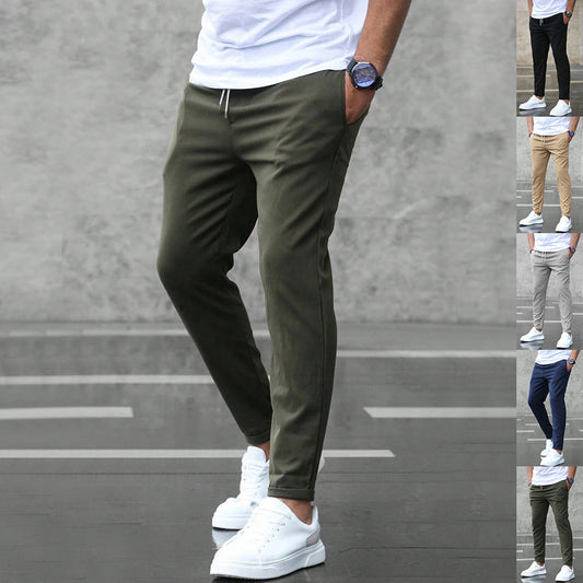 Men's Casual Drawstring Trousers Slim Fit Straight Leg Pants with Pockets Trendy