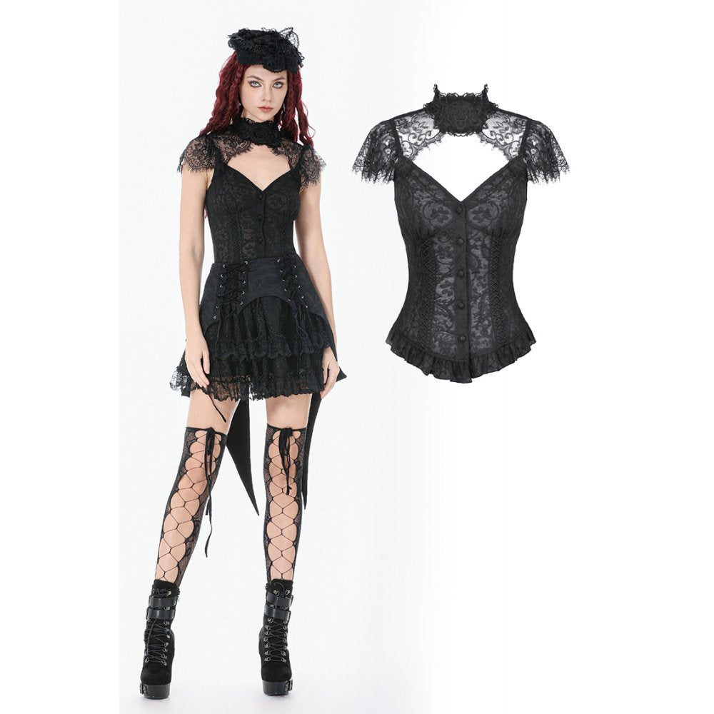 Black Floral Lace High-Neck Gothic Shoulder-Mantle Corset Top