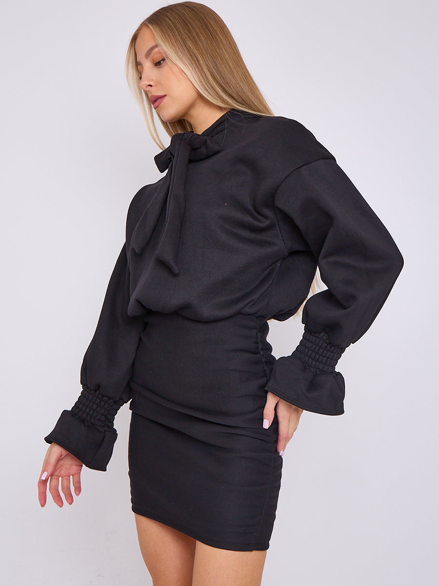 Puff Detail Ruched Fleece Dress