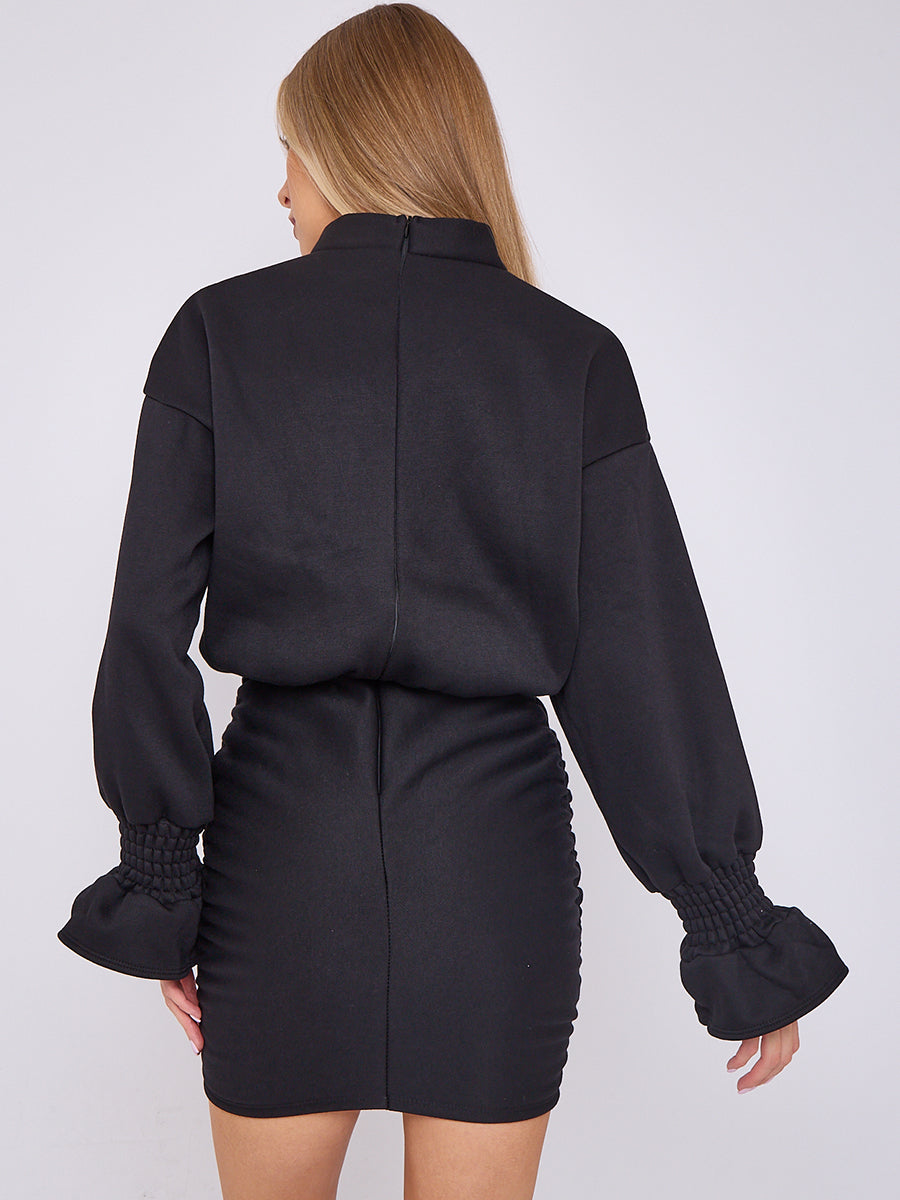 Puff Detail Ruched Fleece Dress