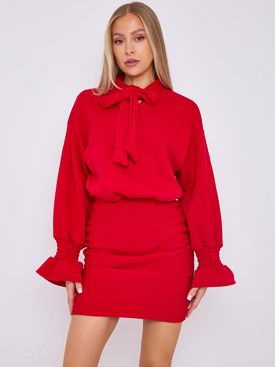Puff Detail Ruched Fleece Dress