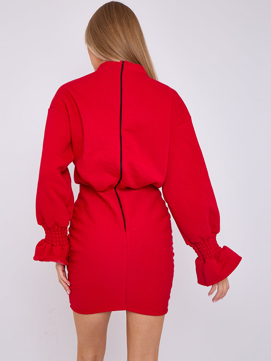 Puff Detail Ruched Fleece Dress