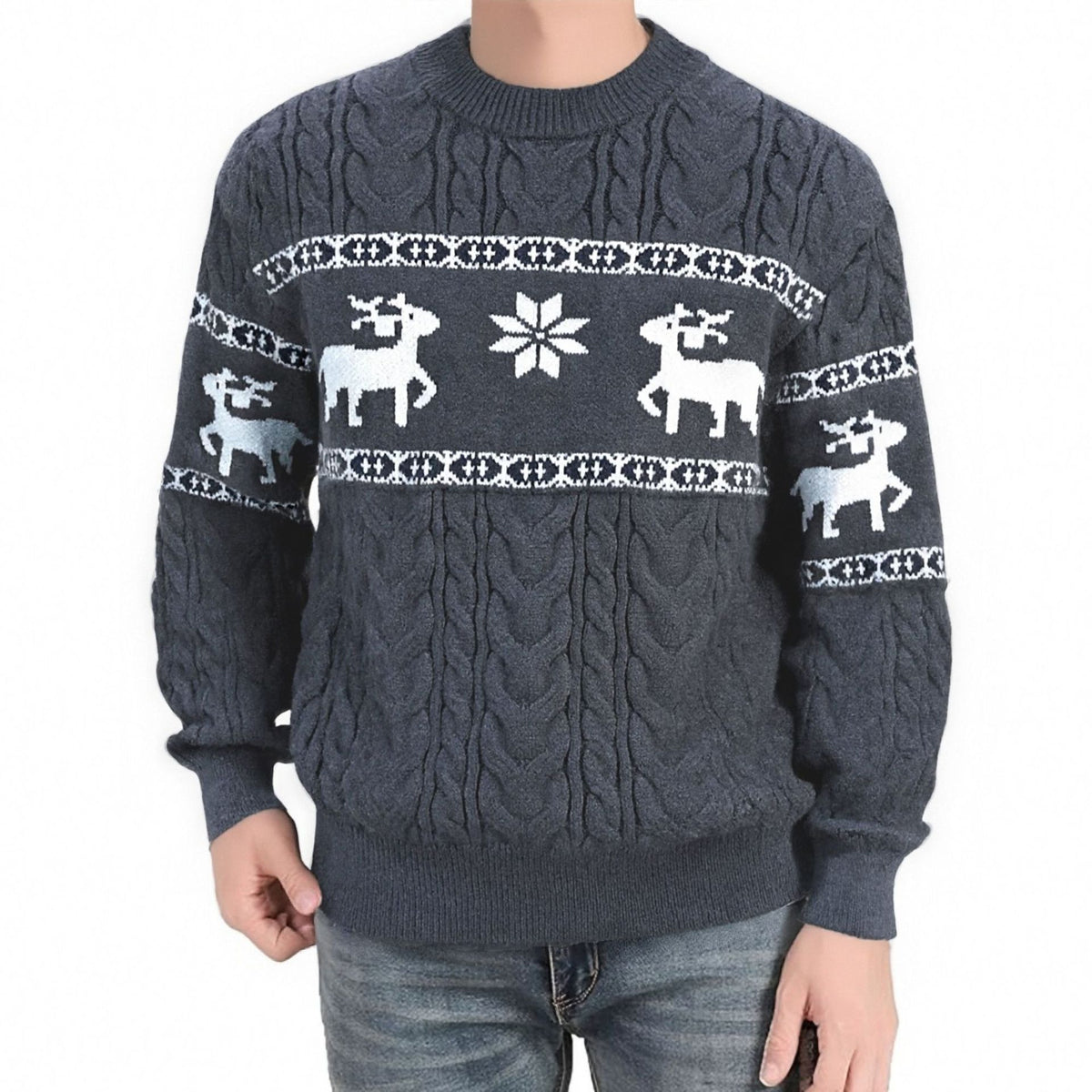 Men's Ugly Christmas Deer Knitted Sweater – Thick Warm Round Neck Pullover