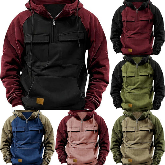 Men's Retro Cargo Half-Zip Fleece Hoodie – Warm Multi-Pocket Outdoor Hooded Jacket
