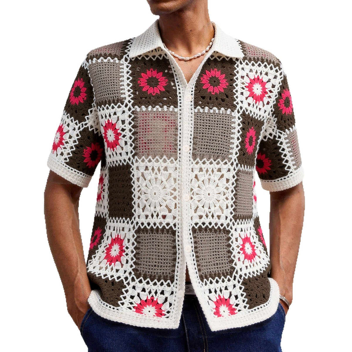 Men’s Retro Ethnic Style Crochet Hollow Bandage Shirt.