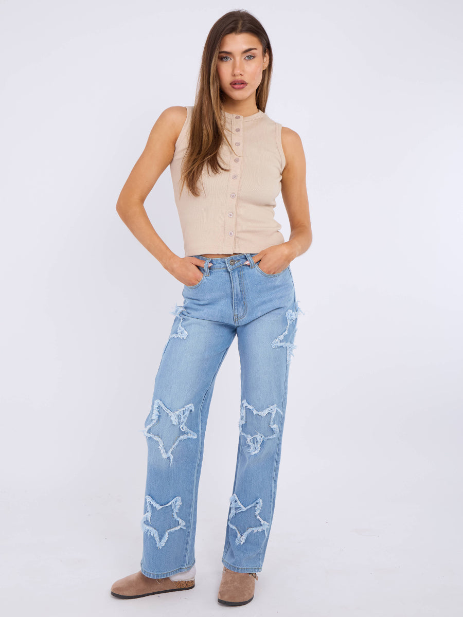 Embroidery Star Straight Leg Denim Jeans