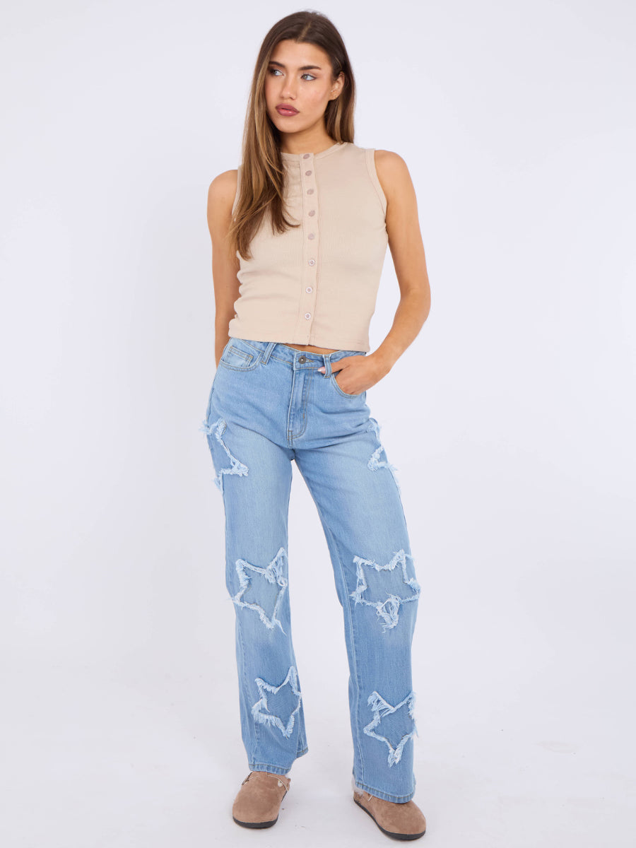 Embroidery Star Straight Leg Denim Jeans