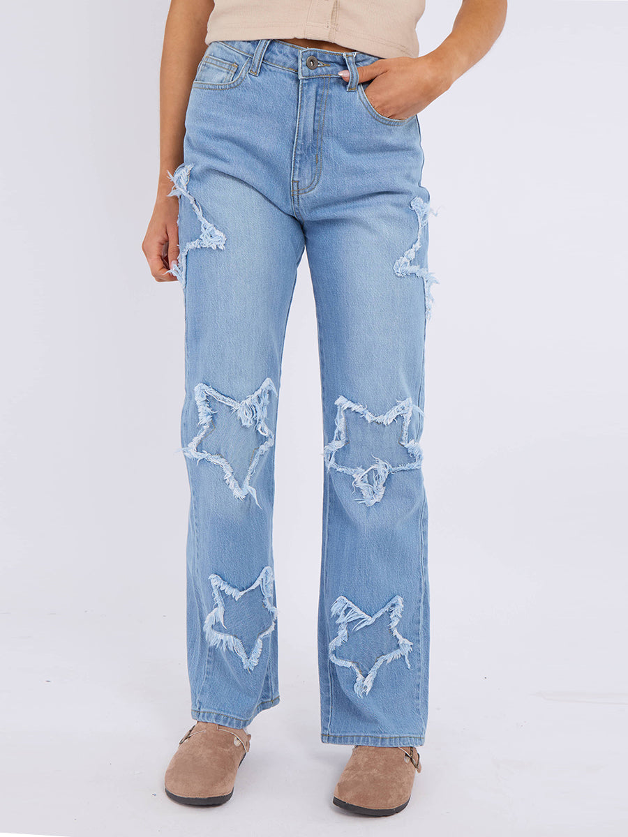 Embroidery Star Straight Leg Denim Jeans