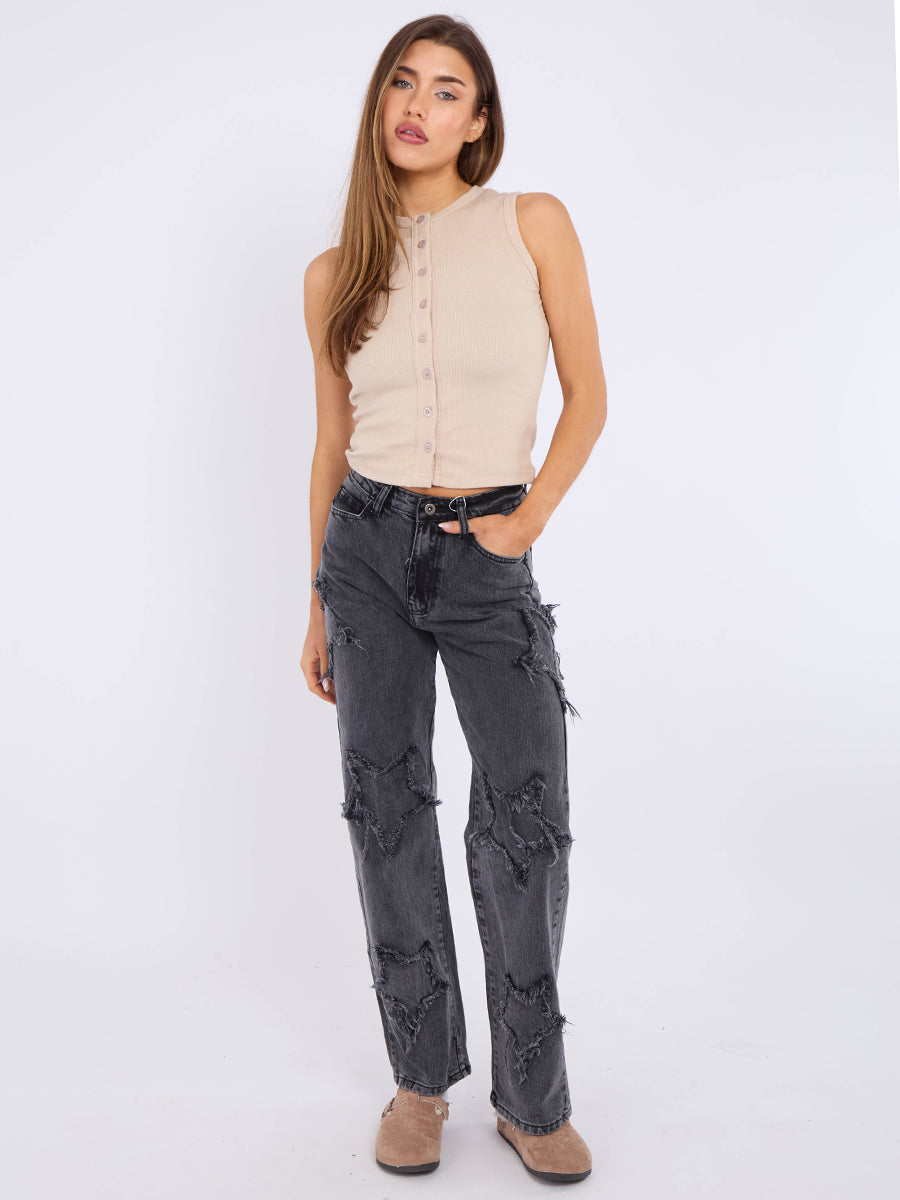 Embroidery Star Straight Leg Denim Jeans
