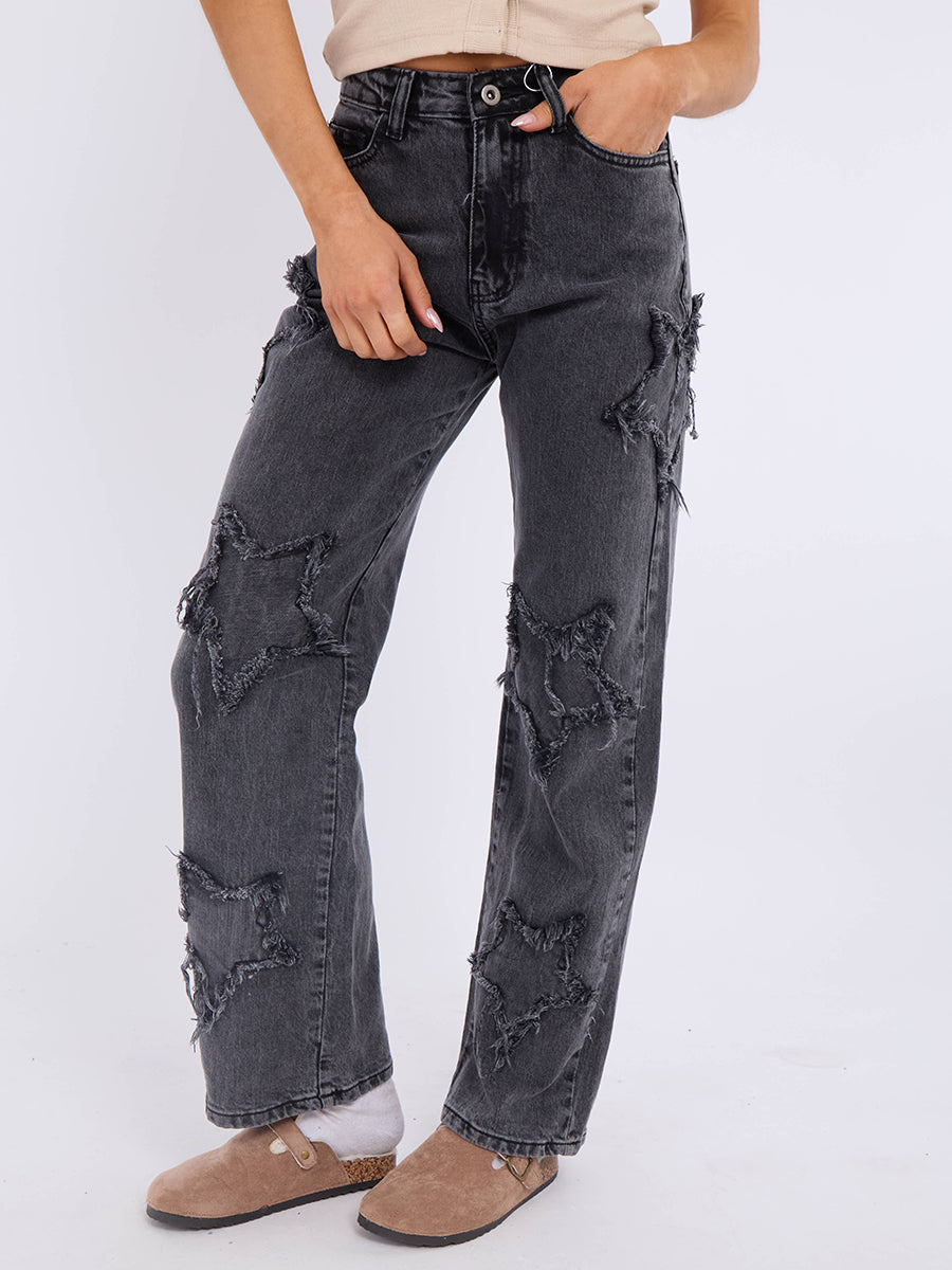 Embroidery Star Straight Leg Denim Jeans
