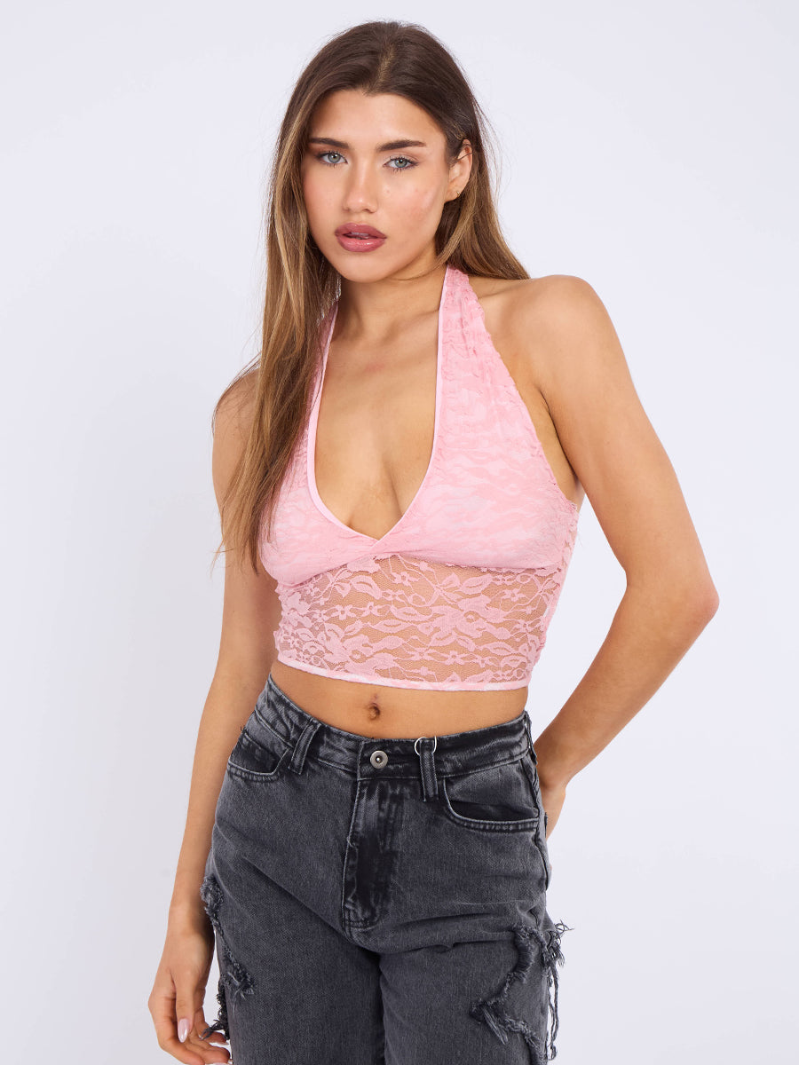 Halterneck Tie-Knot Lace Crop Top