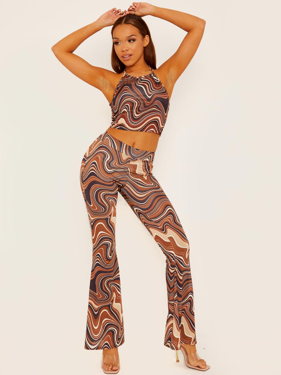 Marble Print Scrunch Back Flared Slinky Trousers