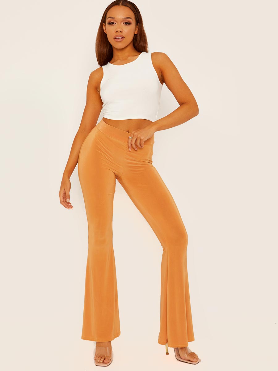 Scrunch Back Flared Slinky Trousers
