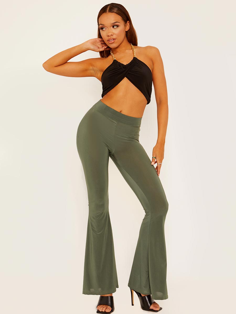 Scrunch Back Flared Slinky Trousers