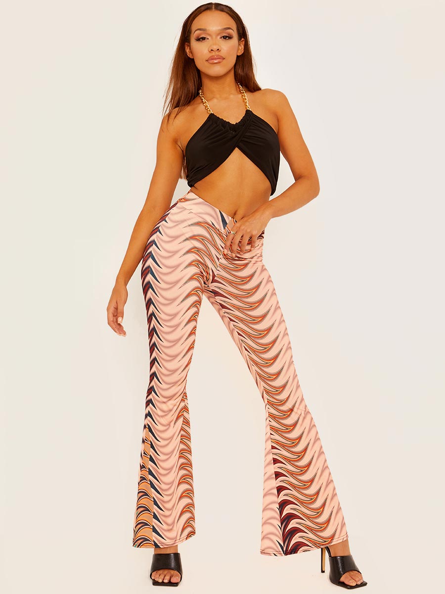 Abstract Print Scrunch Back Flared Slinky Trousers