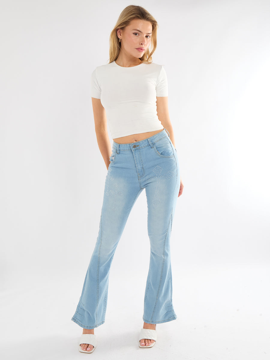 Wide Leg Cross Studded Denim Jeans