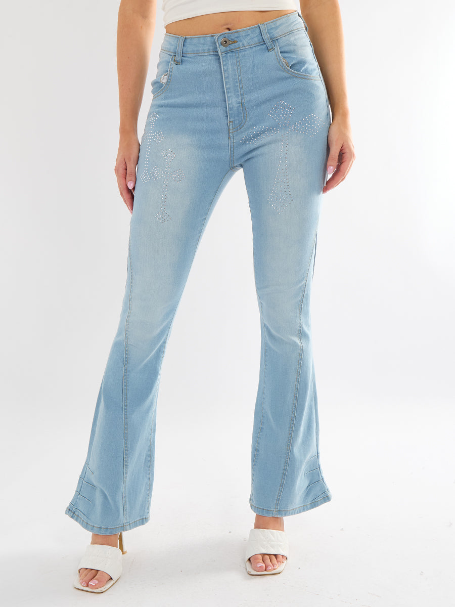 Wide Leg Cross Studded Denim Jeans
